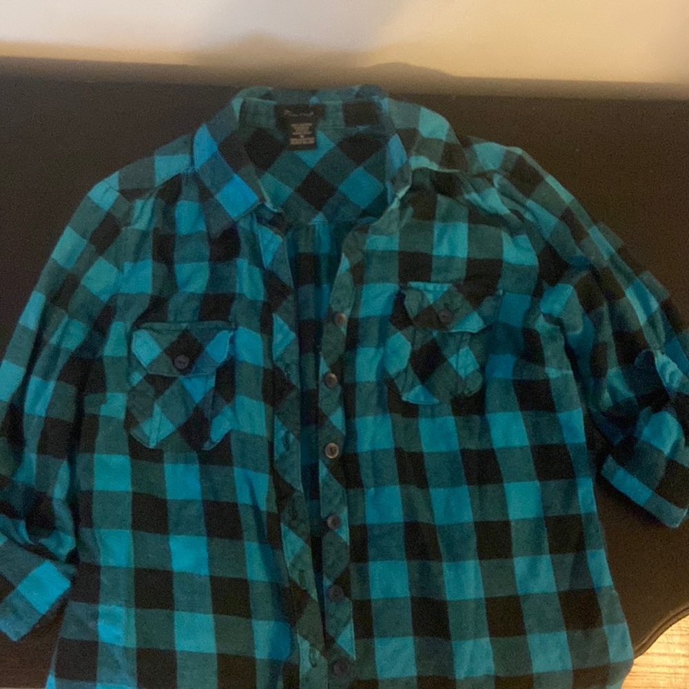 Turquoise black plaid shirt button down